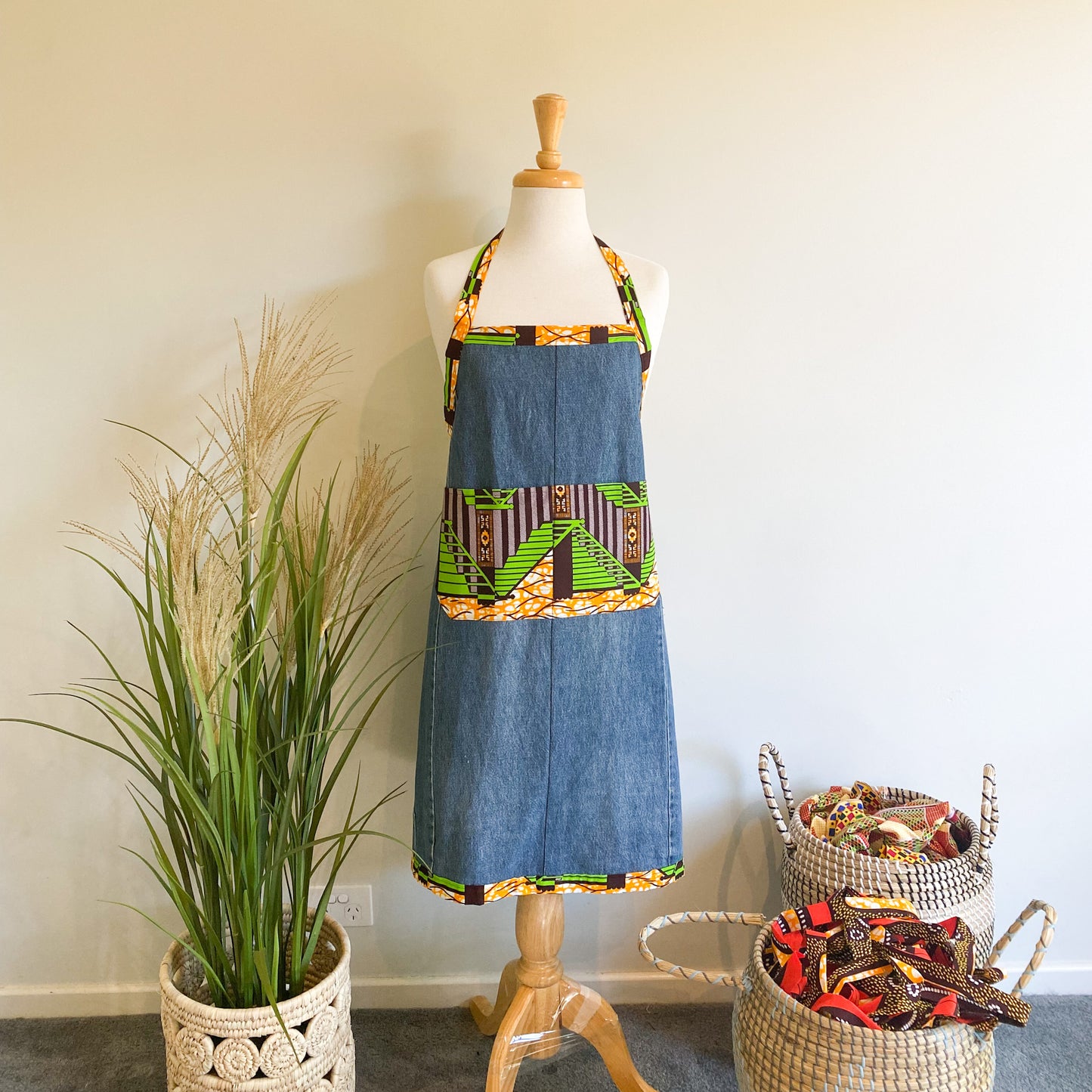 Light Denim and African Printed Cooking Aprons Medium