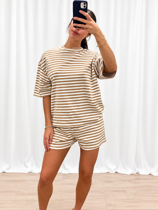Coastal Stripe Oversized Tee – Sand & White