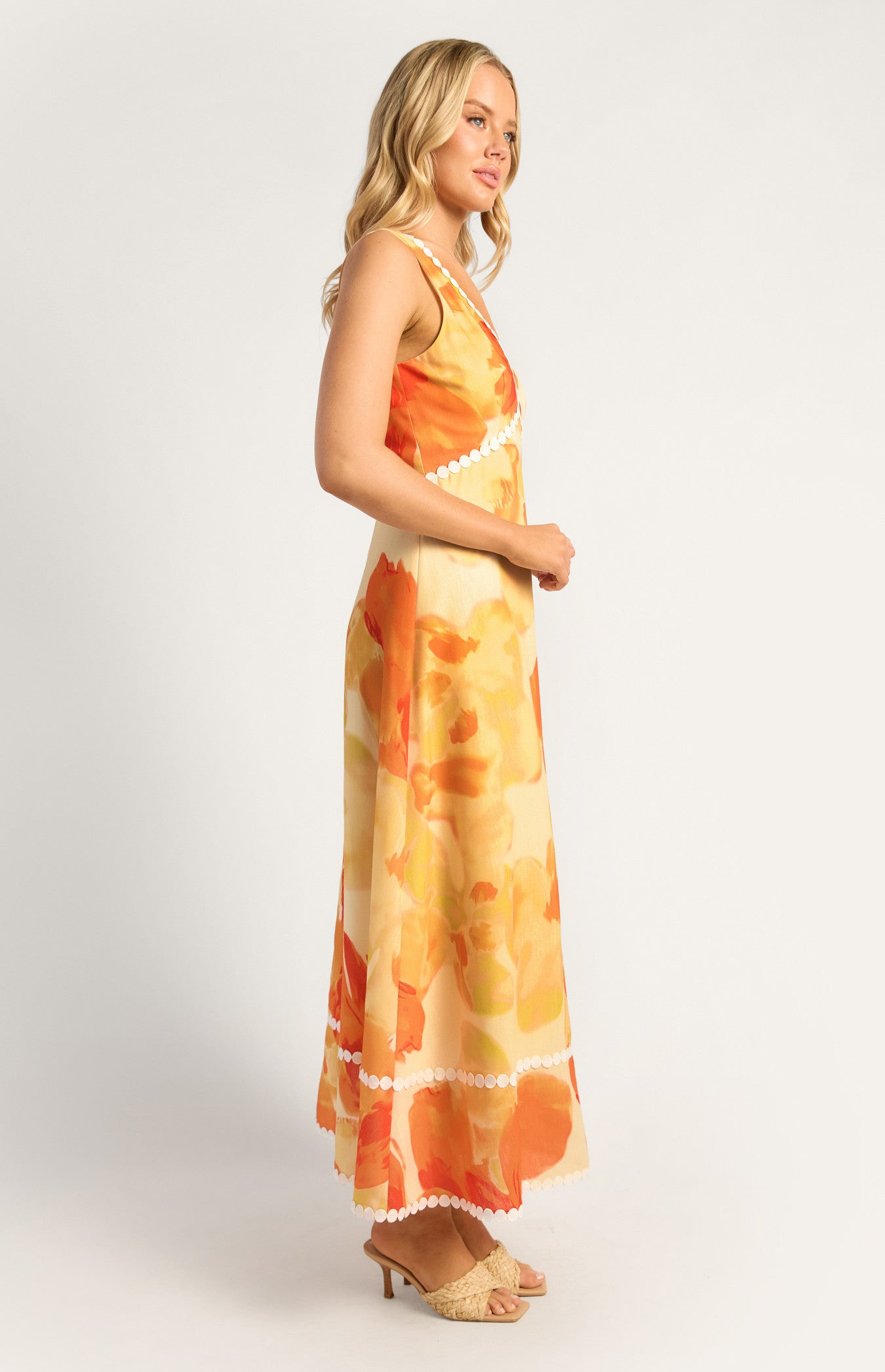 Island Floral Trim Detailing Faux Linen Maxi Dress