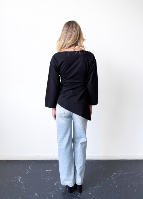 Black Cotton Boat Neck Asymmetrical Hem Top