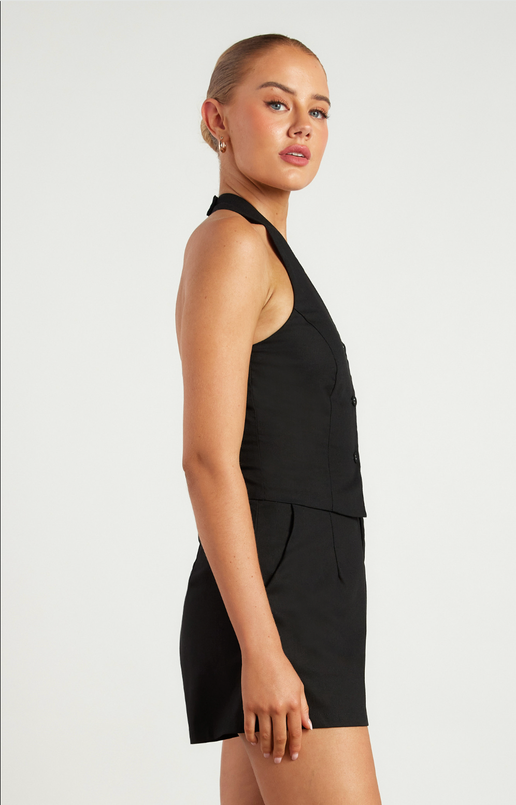 Black Cotton Linen Halter Neck Vest Top