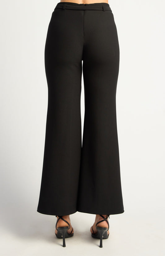 Black Boot Cut Jersey Pants with Gold Belt Buckle Detail