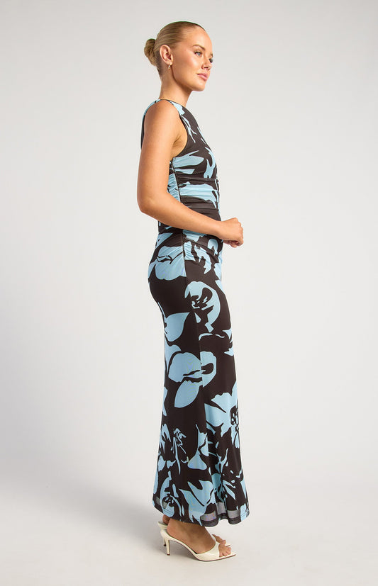 Blue Espresso Floral Print Asymmetric Neckline Maxi Dress