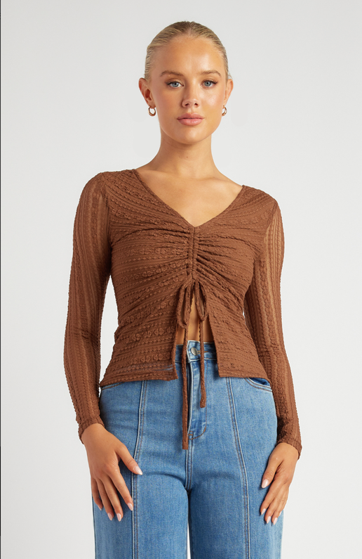 Chocolate Front Drawstring Detail Stretch
lace Top