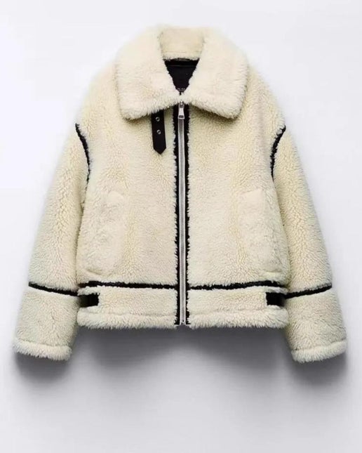 Cream Faux Fur Lapel Patchwork Zipper Jacket