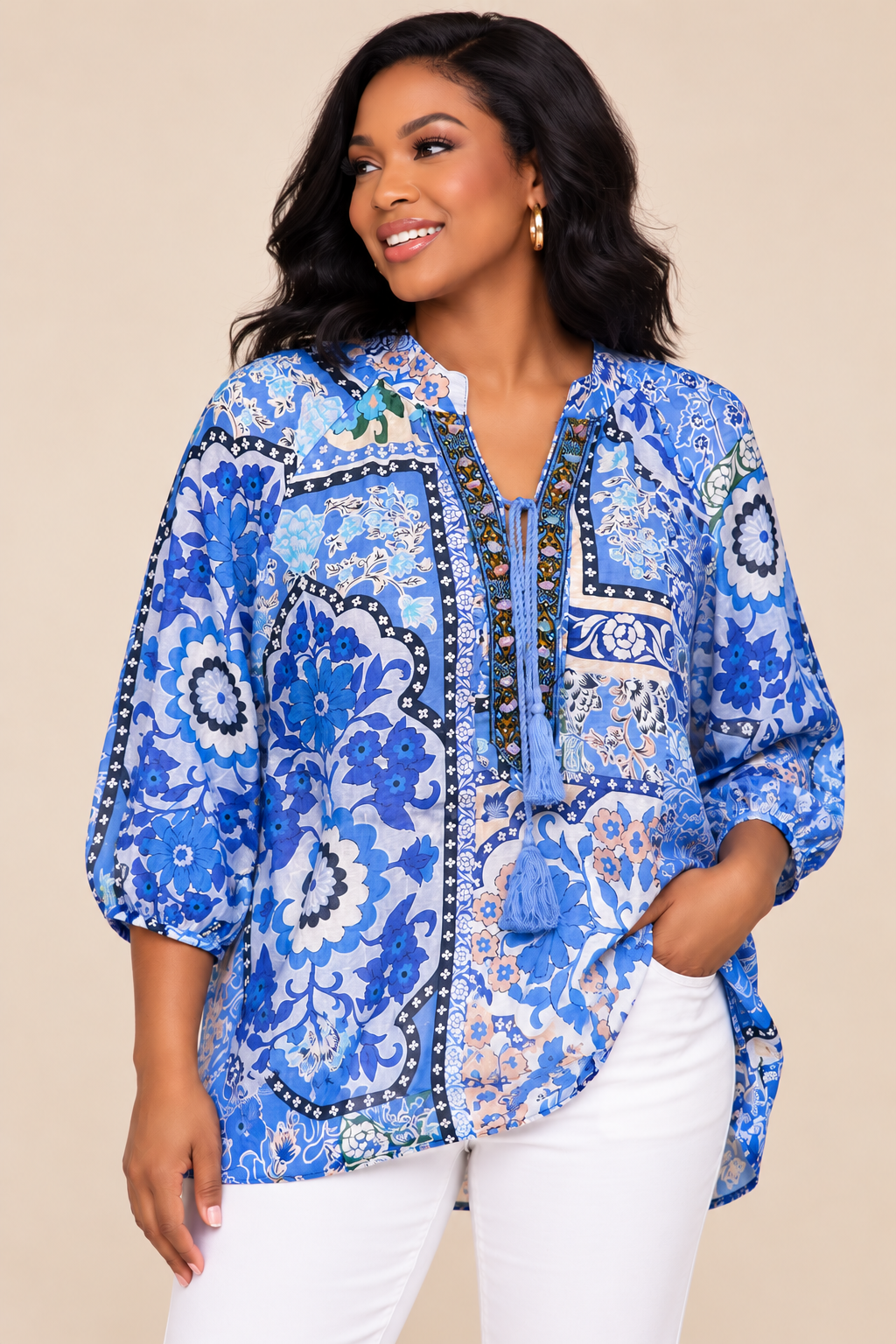 Blue Embellished Floral Loose Top