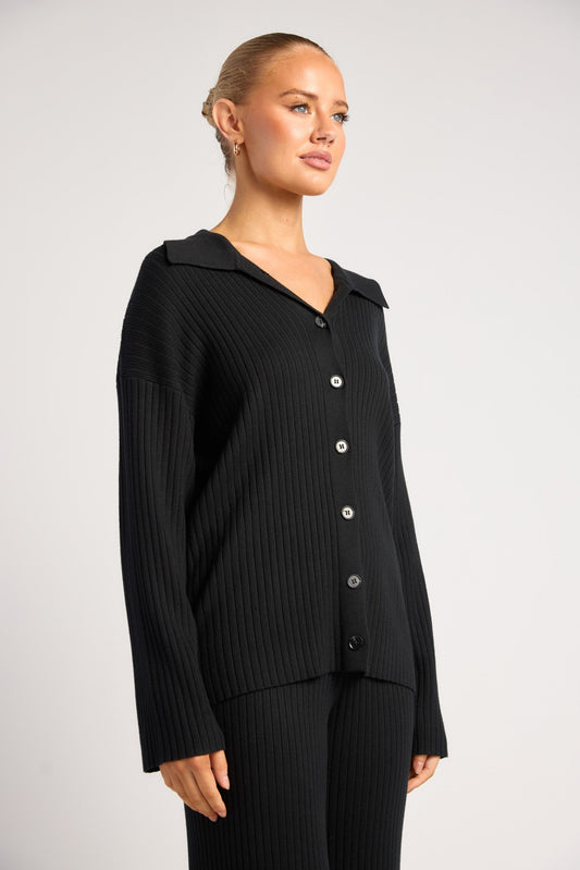 Black Ribbed Knit Set with Front Button Up