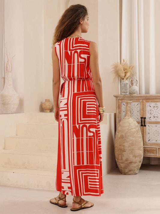Red and White V-Neck Maxi Sundress