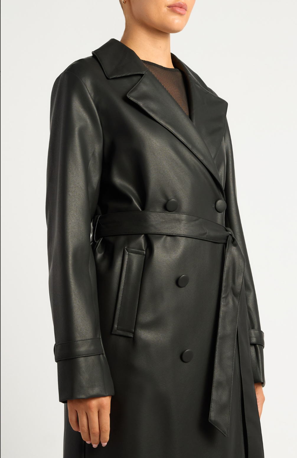 Black Faux Leather Double Breasted Longline Trench Coat