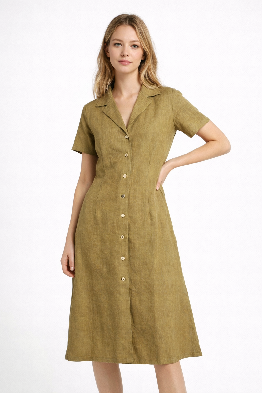 Button Down Midi Gold Linen Dress