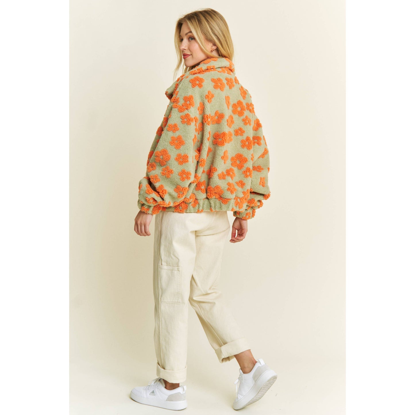 OVERSIZED TERRY BEAR FLEECE FLORAL COLOR BLOCK JACKET