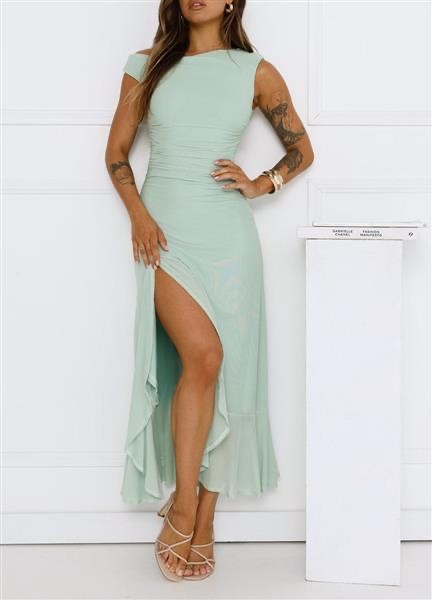 Elegant Ruched One-Shoulder Maxi Dress – Mint