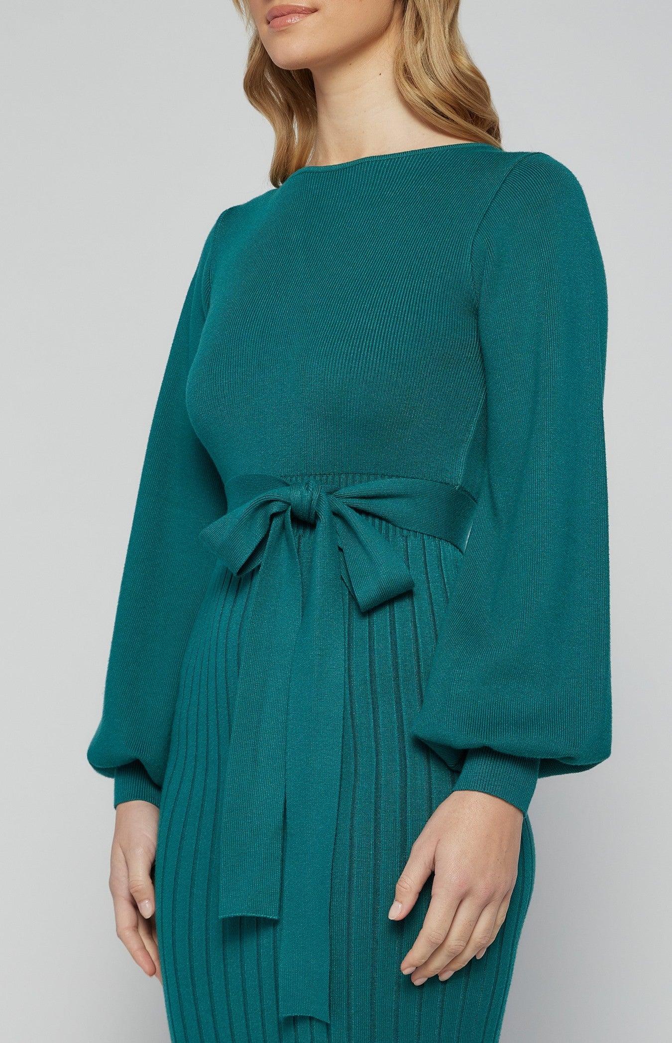 Teal Boat Neckline Bubble Sleeve Contrast Knit Midi Dress