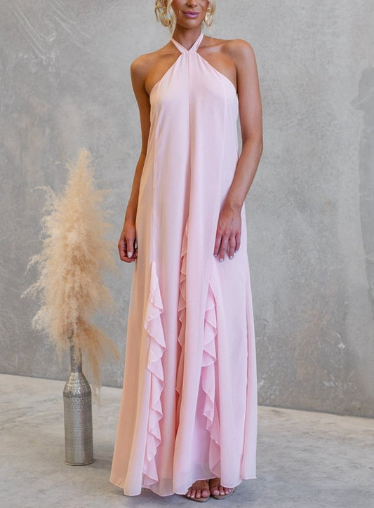 Blush Pink Marcella Rosette Halter Maxi Dress