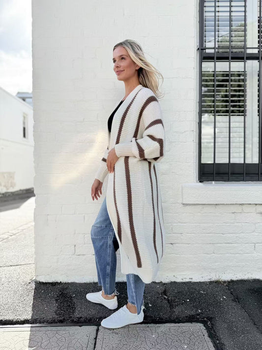 WOOL POL STRIPE CHUNKY LONG CARDI