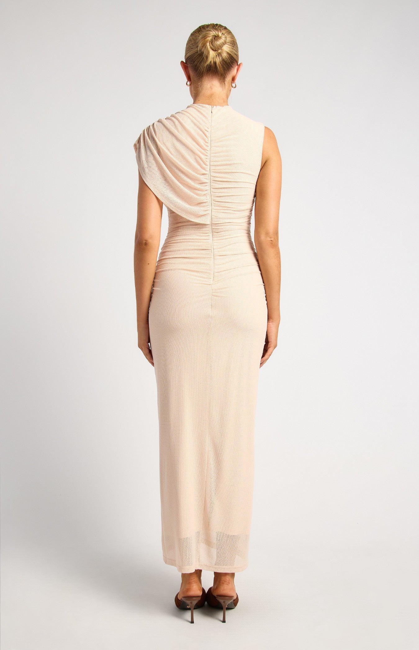 Draped Neckline Textured Mesh Maxi Dress