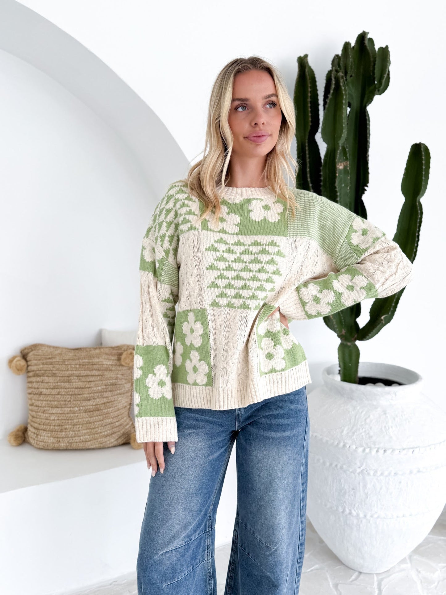 Green/Cream DAISY FLOWER PATCHWORK JUMPER
