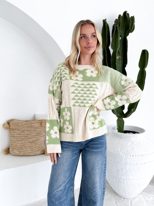 Green/Cream DAISY FLOWER PATCHWORK JUMPER
