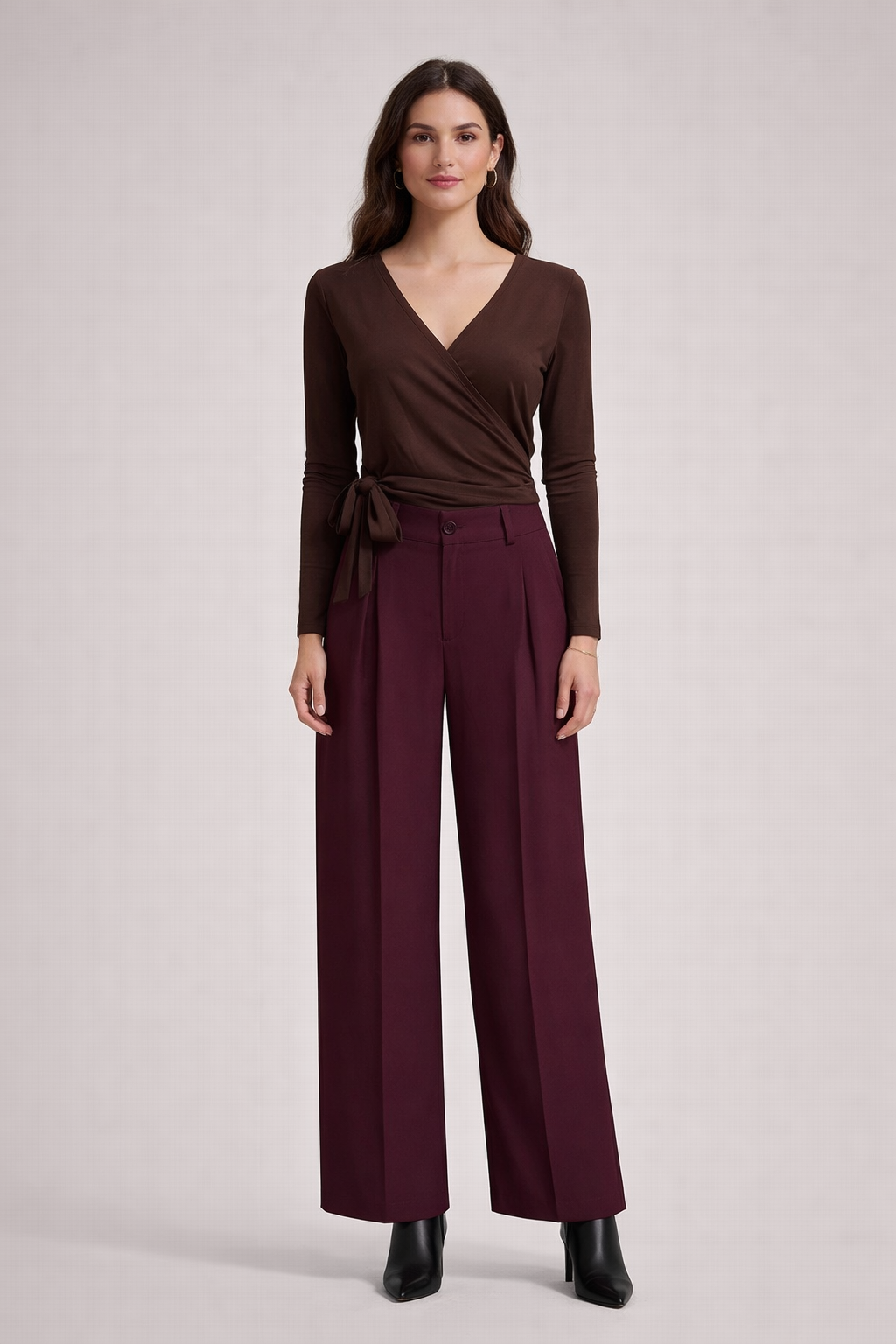 Burgundy Pleated Wide Leg Pants