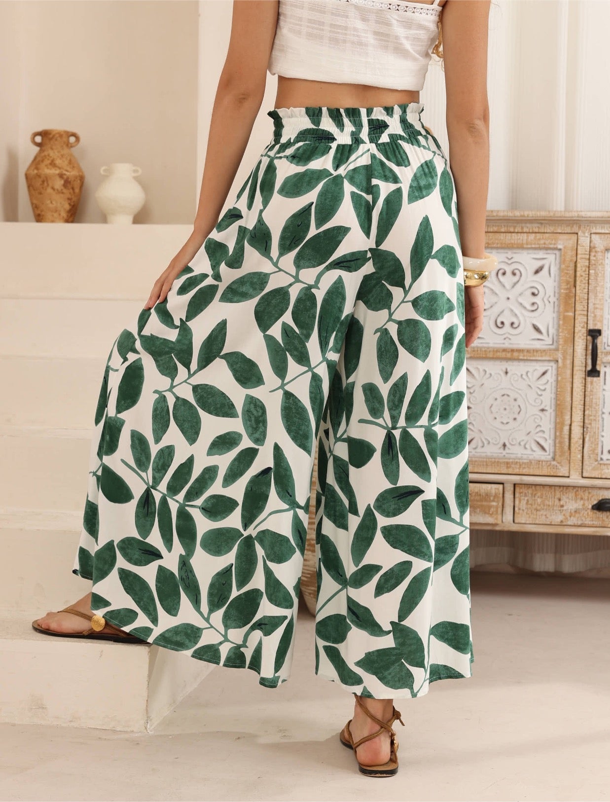 Beige Pants with Leaf Pattern
