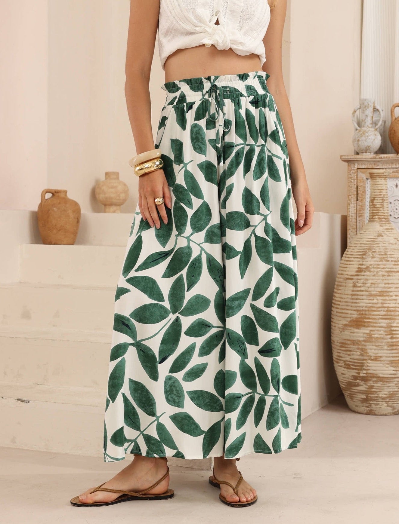 Beige Pants with Leaf Pattern