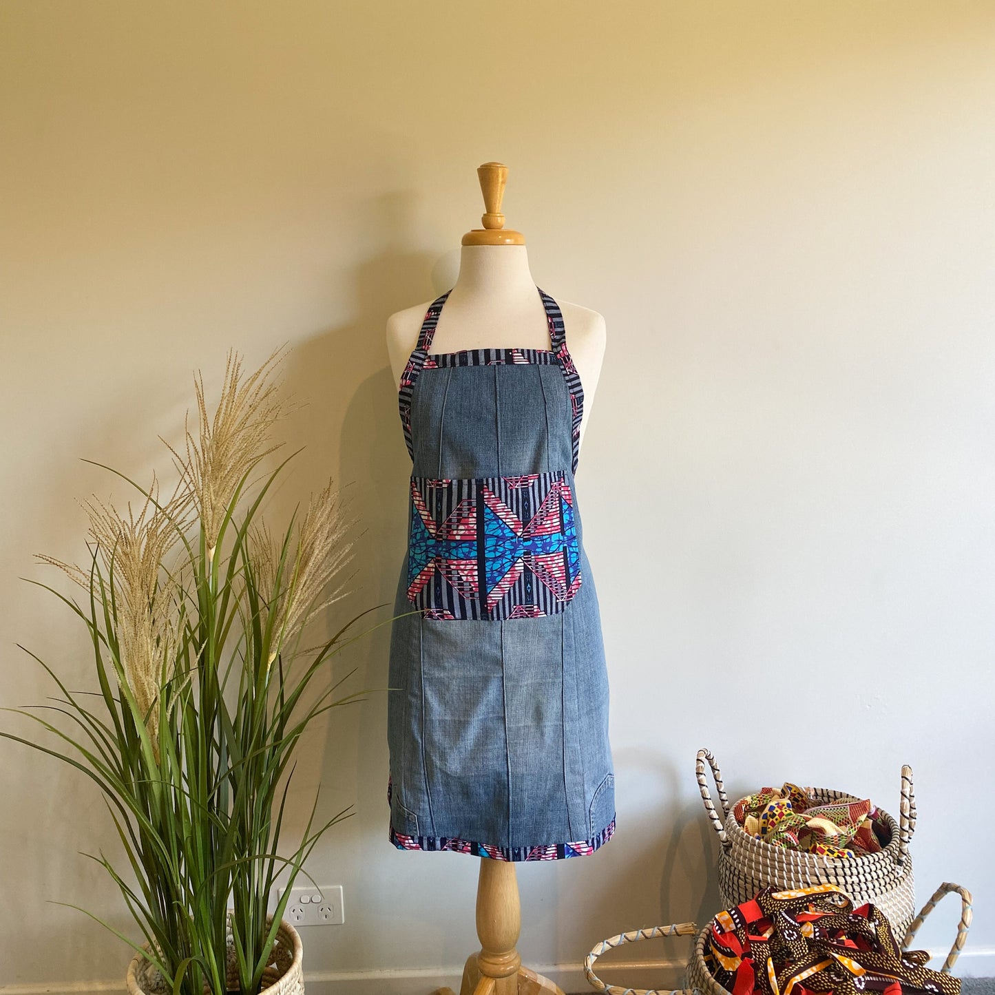 Light Denim and African Printed Cooking Aprons Medium