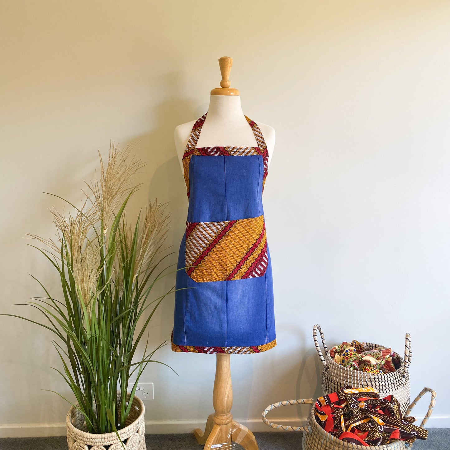 Light Denim and African Printed Cooking Aprons Medium