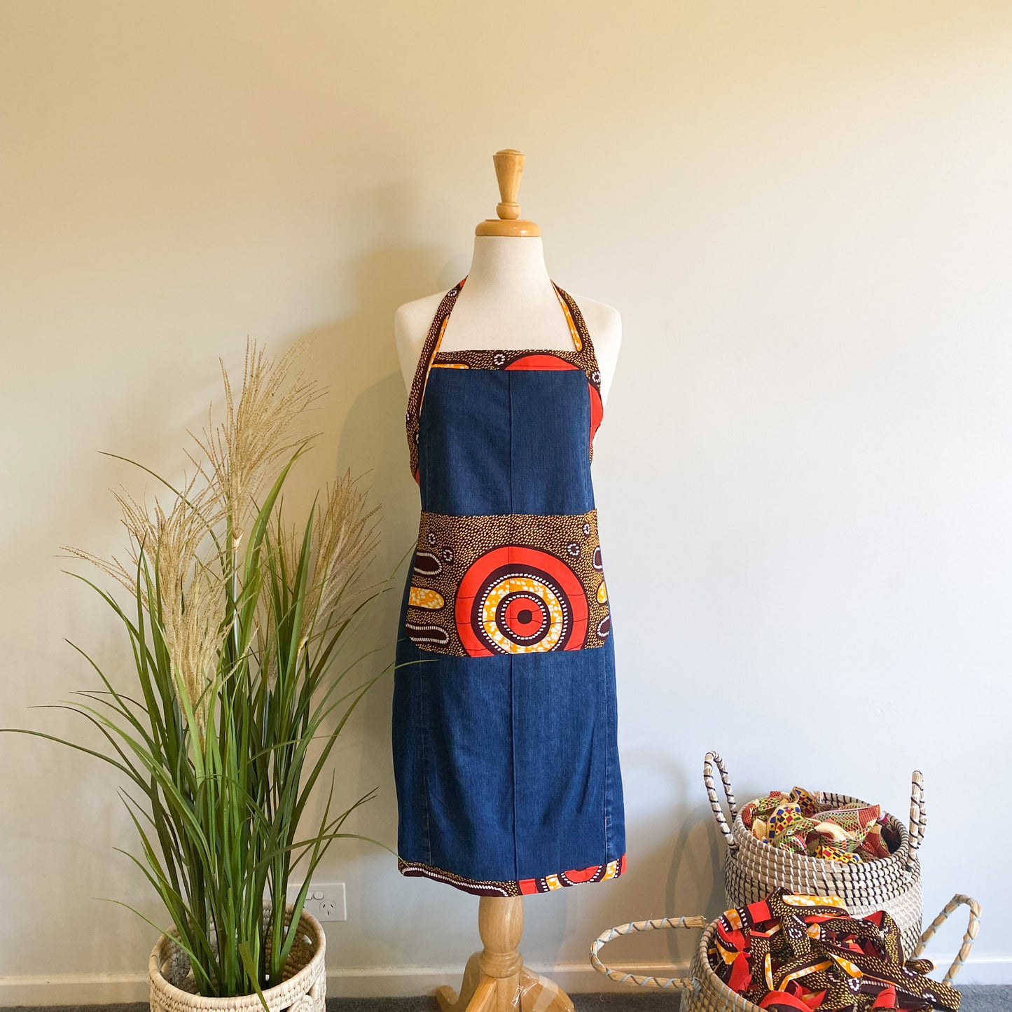 Light Denim and African Printed Cooking Aprons Medium