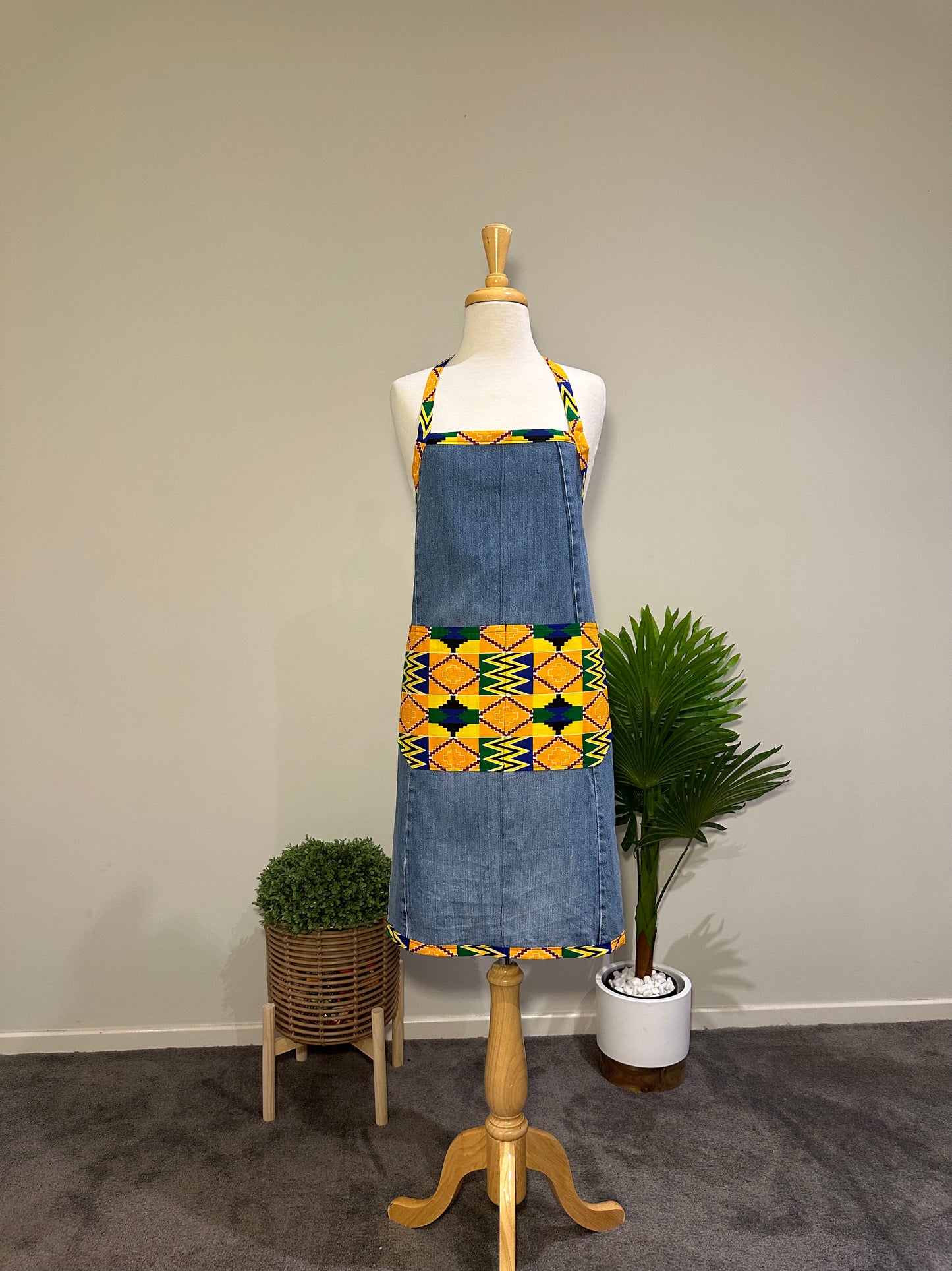 Light Denim and African Printed Cooking Aprons Medium