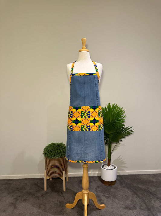 Light Denim and African Printed Cooking Aprons Medium