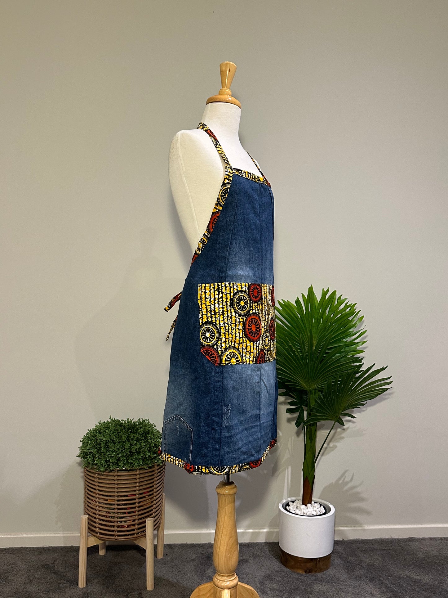 Dark Denim and African Printed Cooking Aprons Extra Large