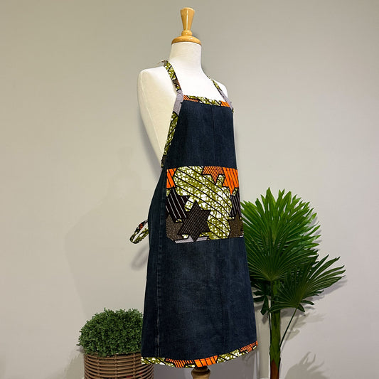 Dark Denim and African Printed Cooking Aprons Large