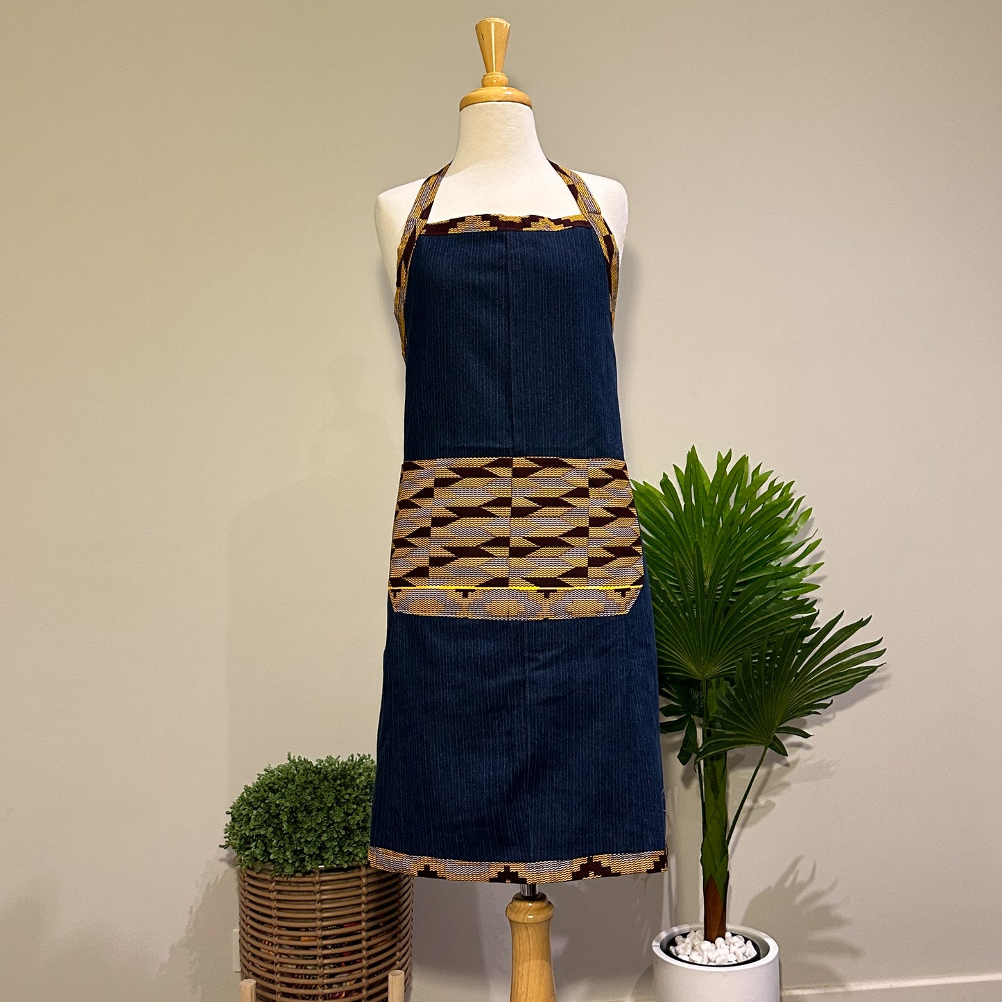 Dark Denim and African Printed Cooking Aprons Extra Large