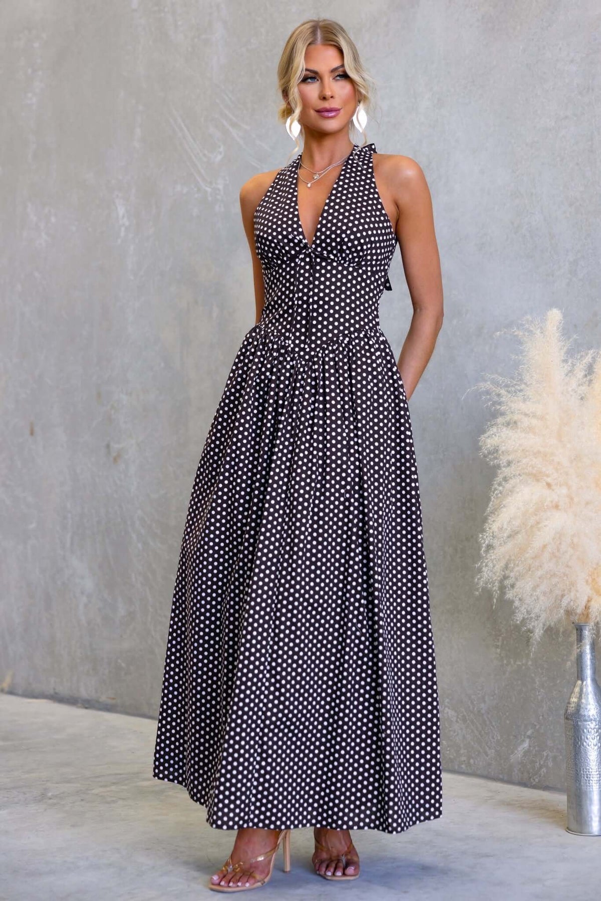 The Sienna Polka Dot Halter Maxi Dress