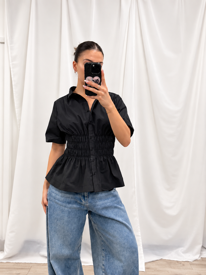 Black Ruched Button Down Shirt