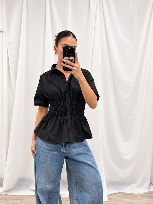 Black Ruched Button Down Shirt