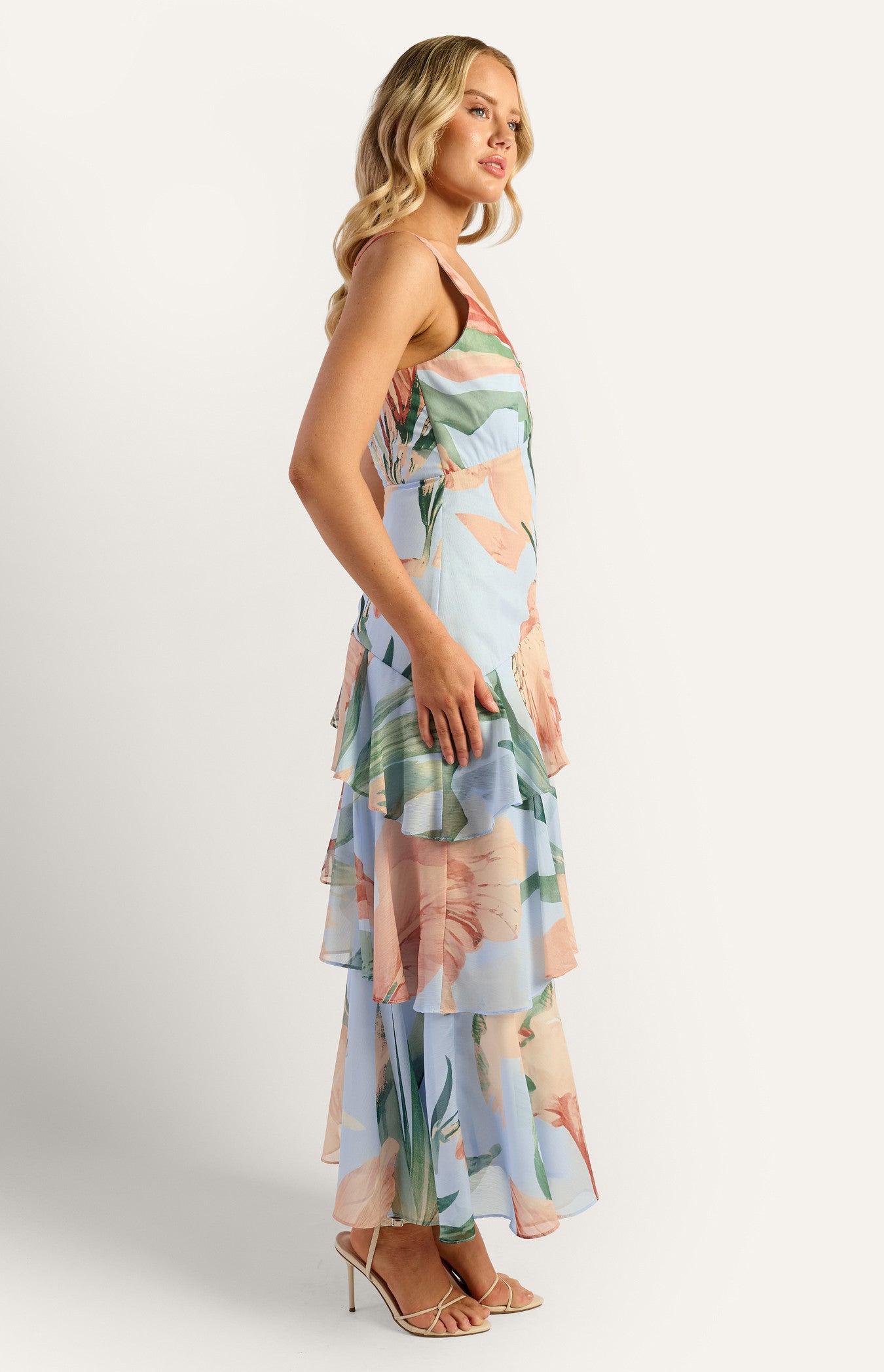Oasis Floral Marble Beaded Keyhole Neckline Tiered Hem Maxi Dress