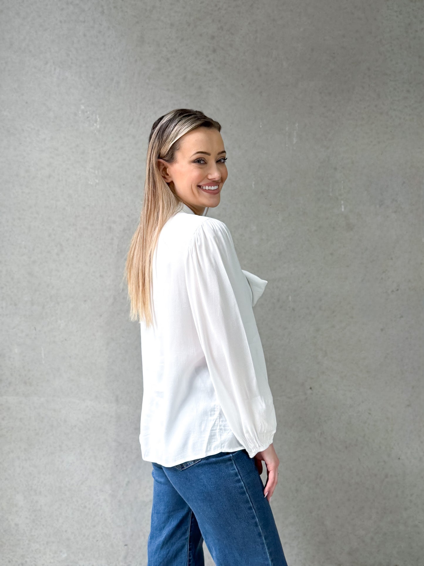White Bow Tie Neck Blouse
