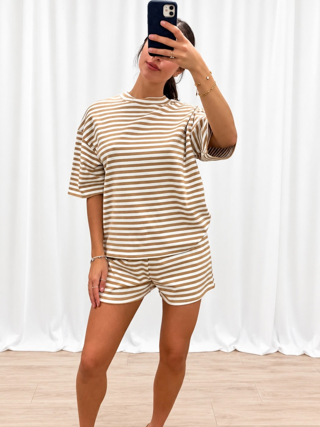 Coastal Stripe Oversized Tee – Sand & White