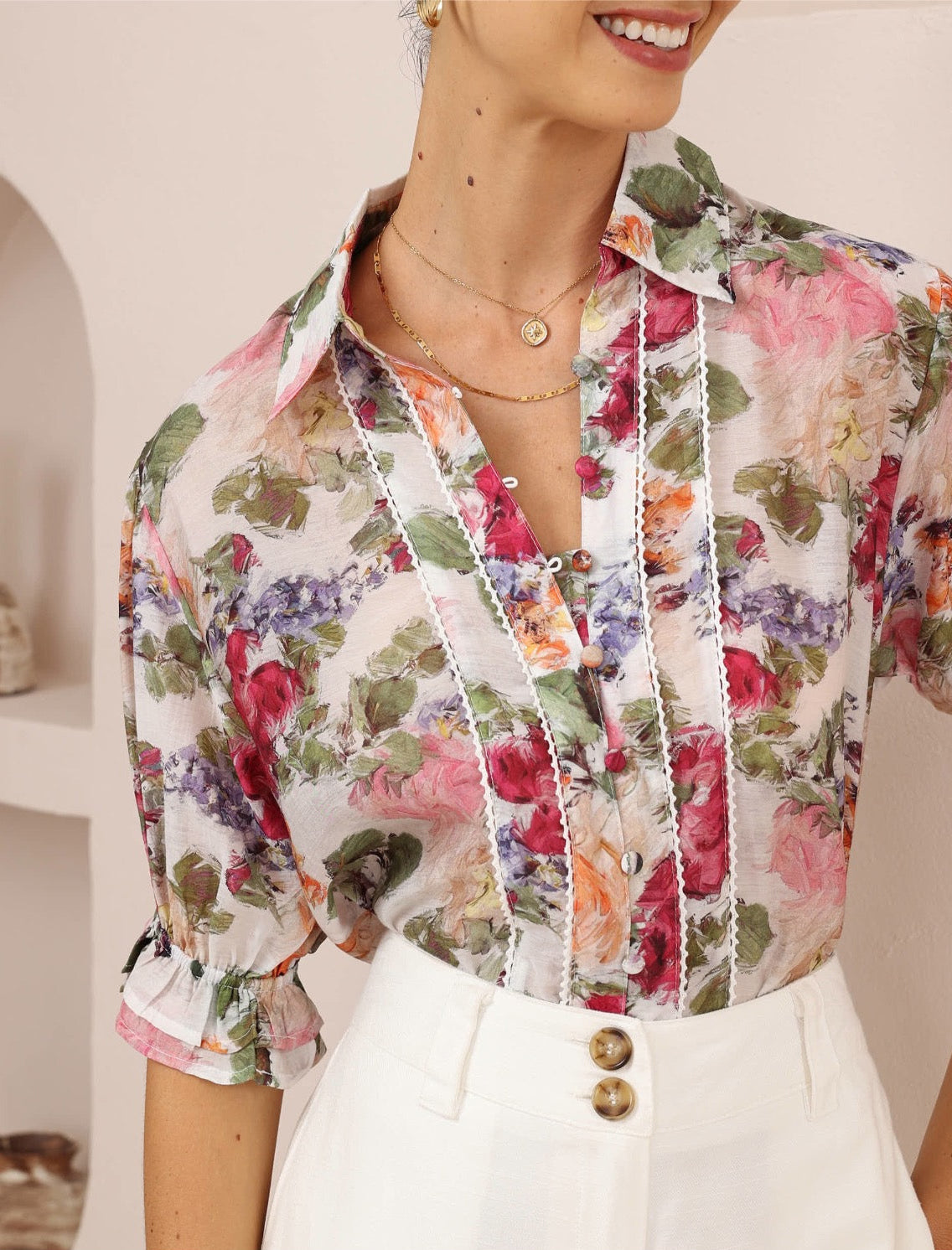 Pink Floral Short Sleeve Blouse