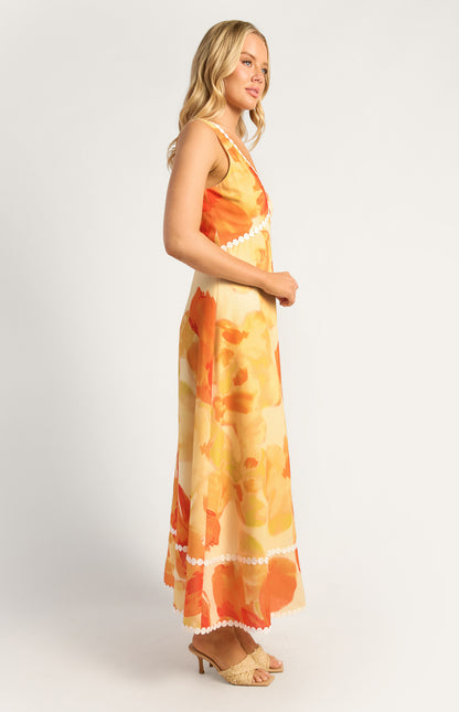 Island Floral Trim Detailing Faux Linen Maxi Dress