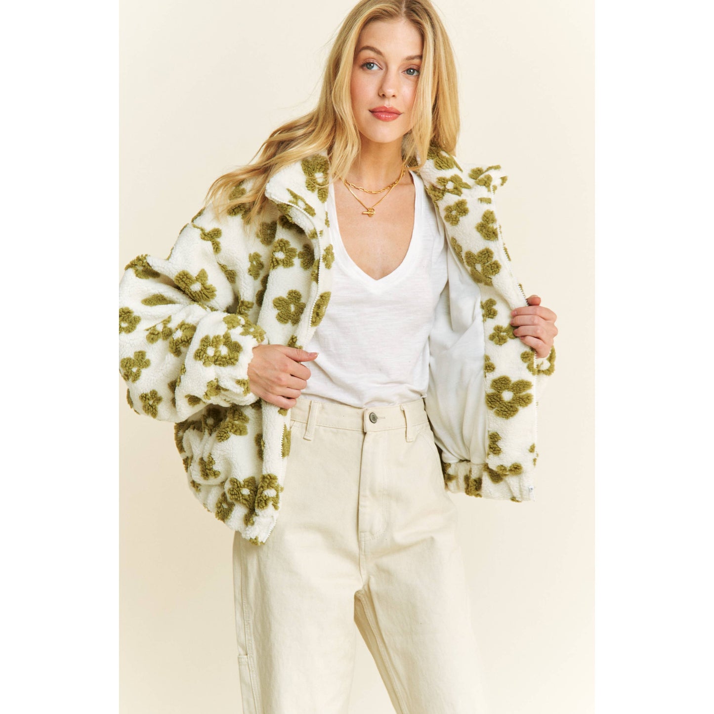 OVERSIZED TERRY BEAR FLEECE FLORAL COLOR BLOCK JACKET