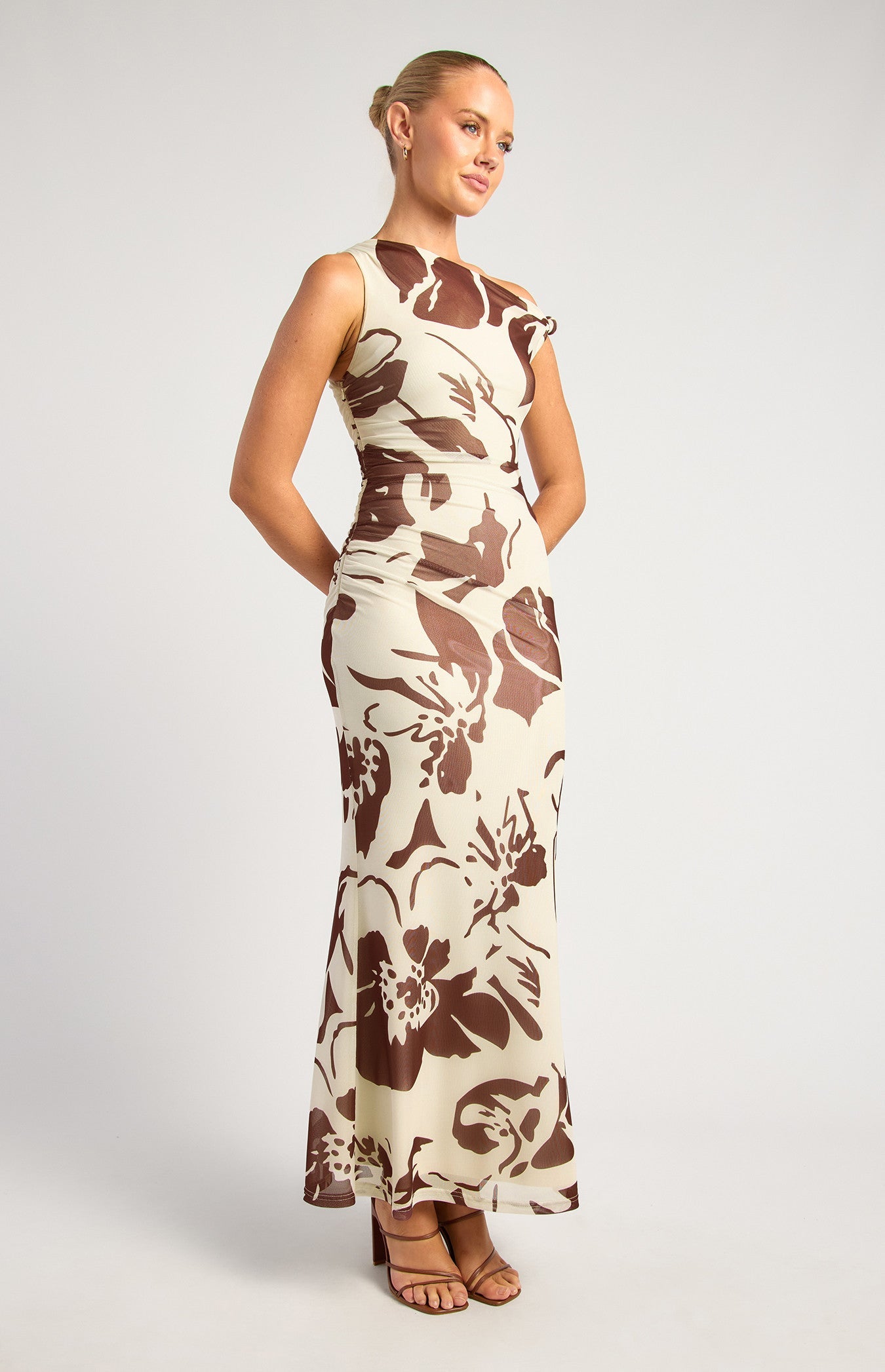 Chocolate Floral Print Asymmetric Neckline Maxi Dress