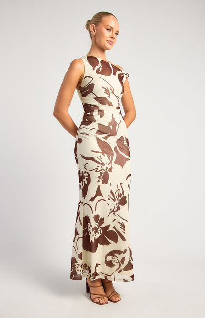 Chocolate Floral Print Asymmetric Neckline Maxi Dress