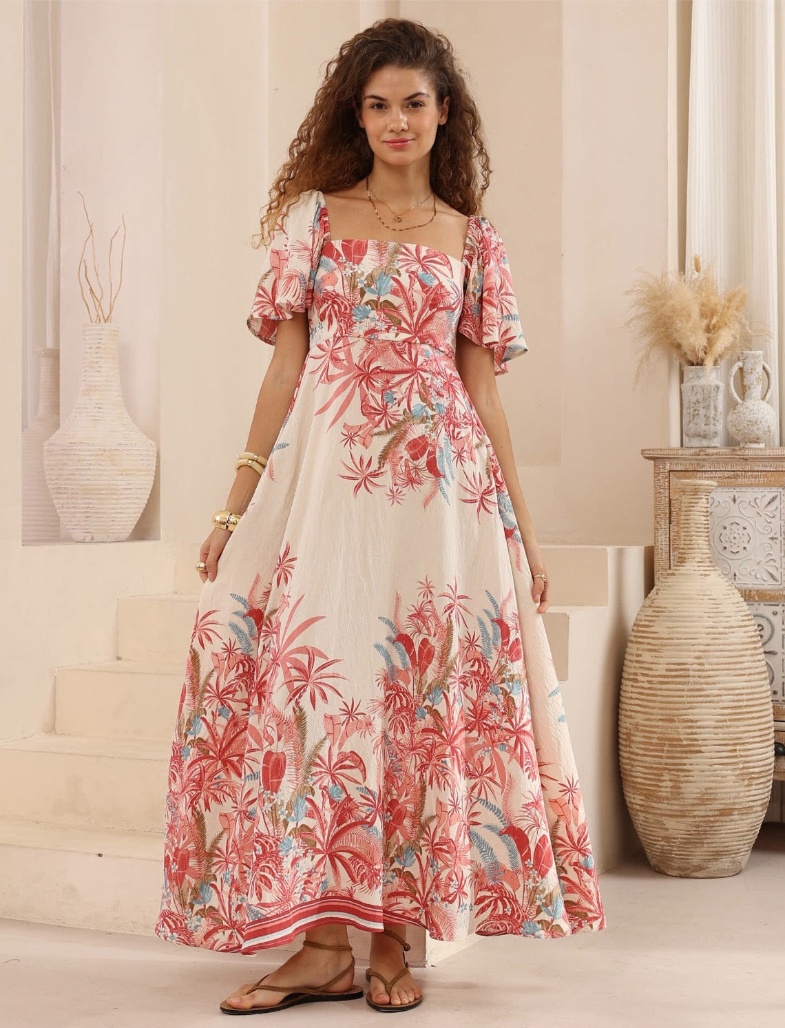 Short Sleeve Pink Floral Maxi Sundress