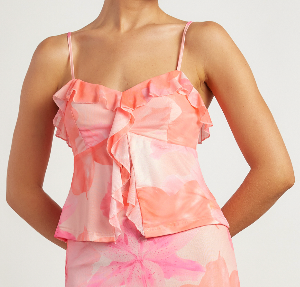 Pink Tropical Floral Print Front Split Mesh Top