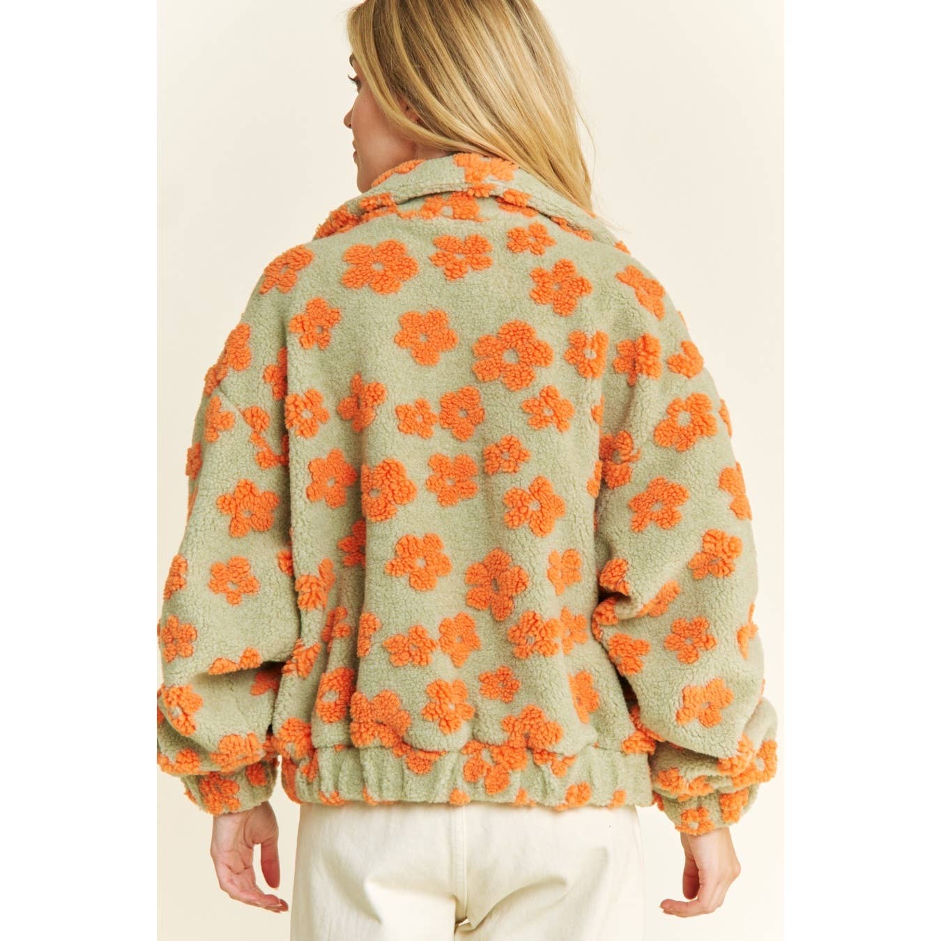 OVERSIZED TERRY BEAR FLEECE FLORAL COLOR BLOCK JACKET