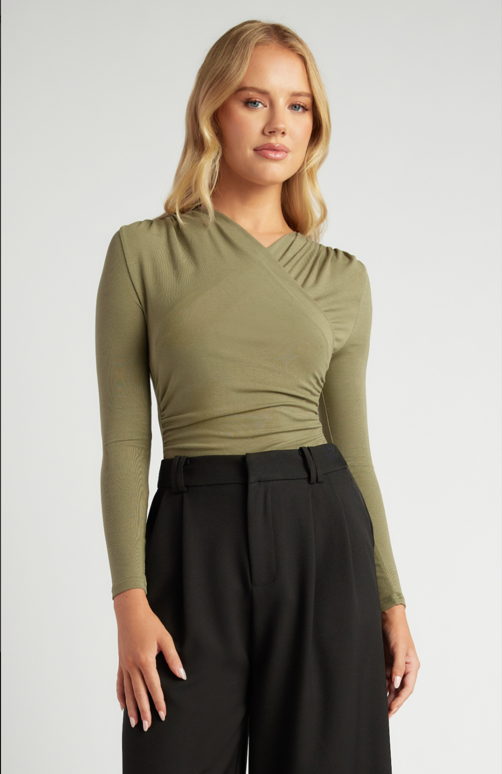 Khaki Cross Neck Ruched Detail
Jersey Bodysuit