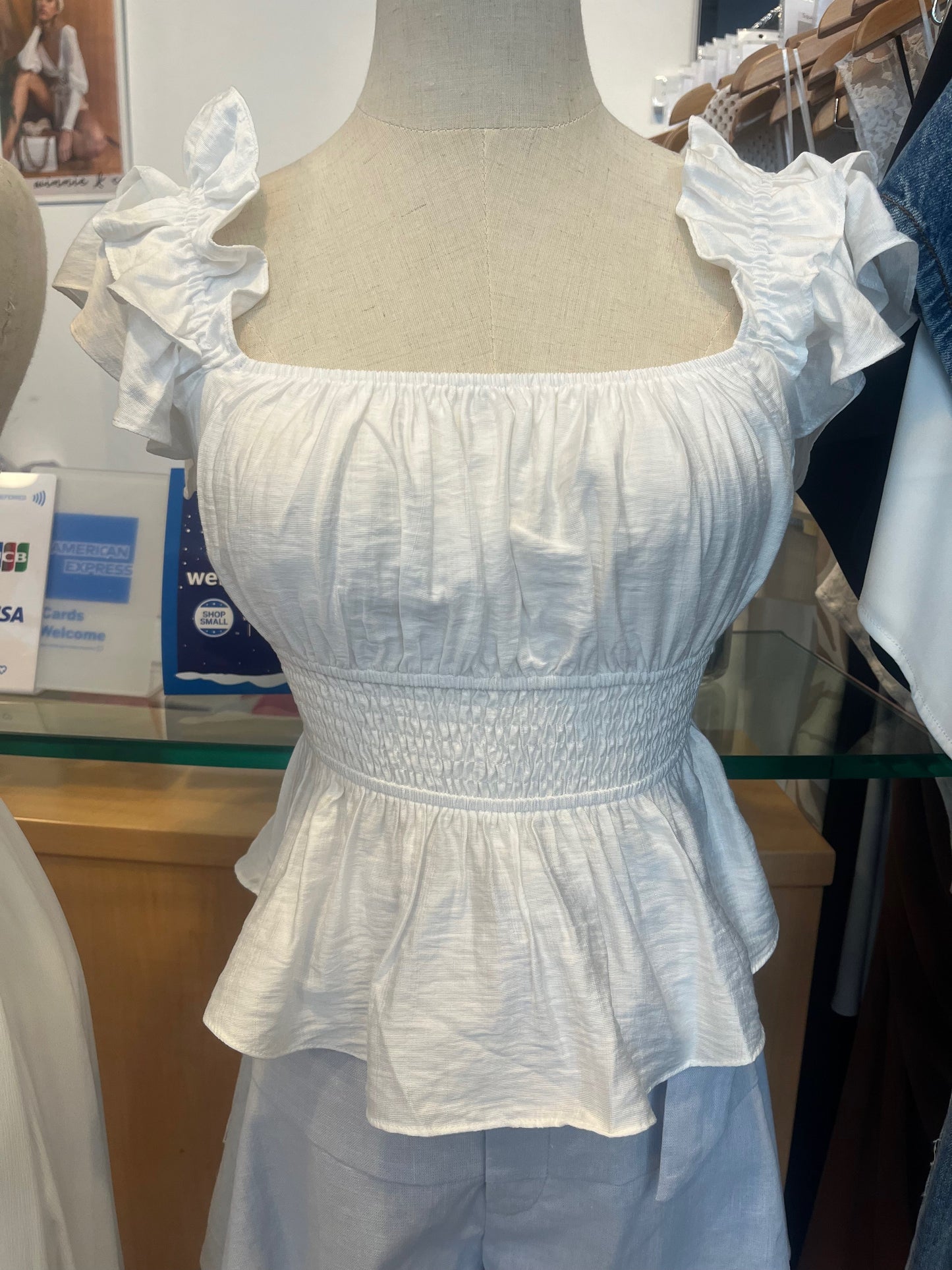 White Layered Ruffle Sleeve Textured Top with Shirred Waist