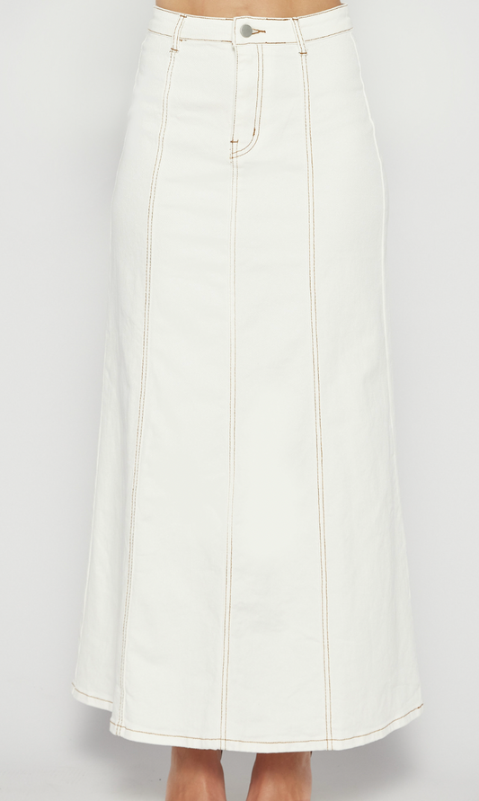 White Maxi Denim Skirt with Panel Details